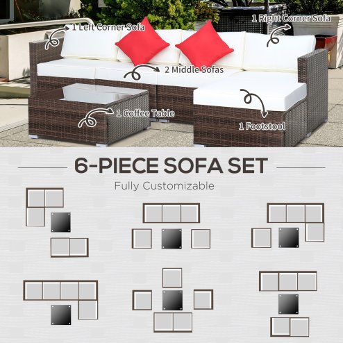 Outsunny 6 Pieces Rattan Garden Furniture Set, 5 Seater Sectional Garden Corner Sofa Set with Glass Top Coffee Table, Cushions and Pillows, All-Weather Wicker Conversation Furniture, Cream White