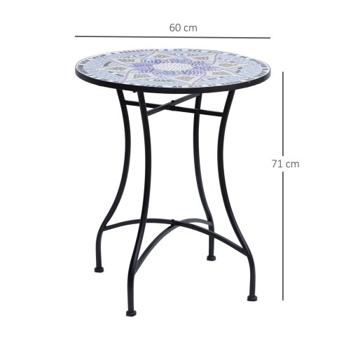Outsunny 60 cm Mosaic Garden Table, Small Round Outdoor Side Table with Ceramic Top, Plant Stand for Patio, Balcony, Blue and White