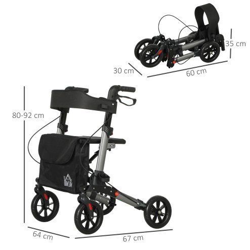 HOMCOM 4 Wheel Rollator with Seat and Back, Folding Mobility Walker with Carry Bag, Adjustable Height, Dual Brakes, Cane Holder, Lightweight Aluminium Walking Frame for Seniors and Disabled