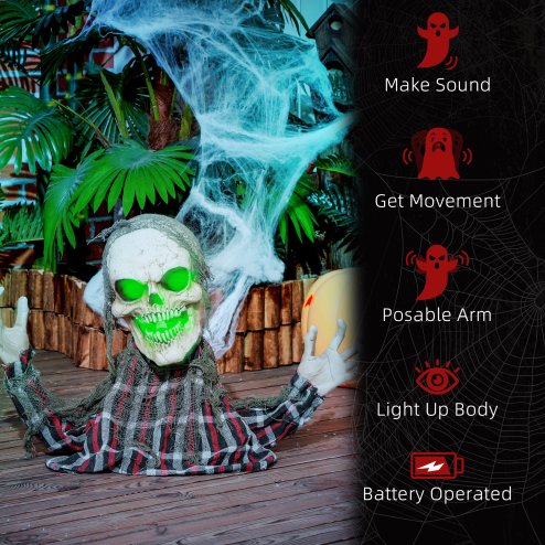 HOMCOM 70cm Groundbreaker Skeleton Outdoor Halloween Decoration, Halloween Animatronic with Sound Activated, Light Up Eyes, Sound Effects, Animated Prop for Haunted House