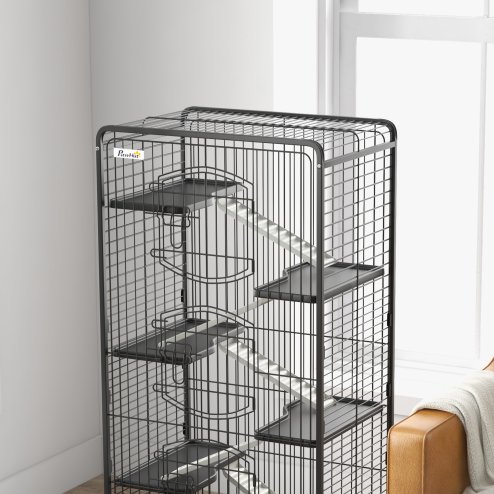 PawHut Ferret Cage Small Animal Cage 6 Levels with Bowl, Water Bottle, Wheels, Rolling Pet Cage for Bunnies Chinchillas, Squirrels, 131cm - Black