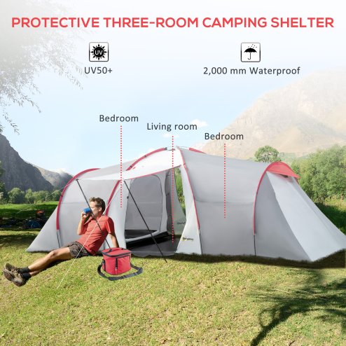 Outsunny 4-6 Man Tunnel Tent with 2 Bedroom, Living Area and Vestibule, Large Camping Tent, 2000mm Waterproof, UV50+, Portable with Bag, for Fishing Hiking Festival, Grey and Red
