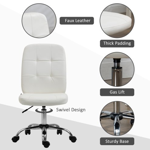 Vinsetto Armless Office Chair, Faux Leather Desk Chair with Adjustable Height, Button Tufted, White
