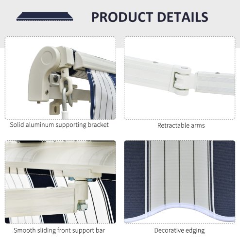Outsunny 3.5 x 2.5m Garden Patio Retractable Manual Awning Canopy, Adjustable Sun Shade Shelter with New Winding Handle - Blue/White