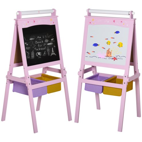 HOMCOM Kids Easel 3 in 1 Wooden Art Easel with Paper Roll Double-Sided Chalkboard & Whiteboard with Storage Baskets for Toddler Girls, Pink Image