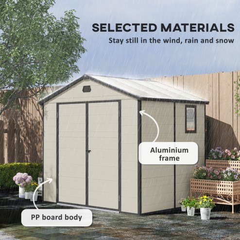 Outsunny 8 x 6ft Plastic Garden Storage Shed with Foundation Kit, Polypropylene Outdoor Storage Tool House with Ventilation Slots and Lockable Door, Cream White
