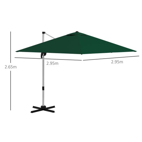 Outsunny 3 x 3(m) Cantilever Roma Parasol, Square Garden Umbrella with Cross Base, Crank Handle, Tilt, 360 Rotation and Aluminium Frame, Green