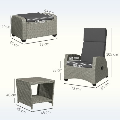 Outsunny 5 Pieces PE Rattan Garden Furniture Set, Wicker Outdoor Furniture Set with Reclining Chairs, Coffee Table, Footstools and Thick Cushions for Balcony, Patio, Charcoal Grey