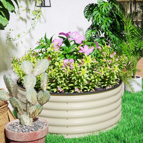 Outsunny Galvanised Raised Garden Bed with Safety Edging, Outdoor Raised Planter Box with Gloves and Open Bottom, Metal Raised Bed for Flowers, Vegetables and Herbs, 120 x 120 x 43cm, Cream White