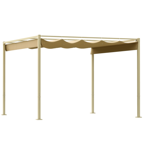 Outsunny 3 x 3(m) Garden Pergola with Retractable Roof and Magnetic Fixture, Outdoor Gazebo Pergola Kit Sun Shade Canopy, UPF30+, Khaki