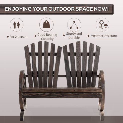 Outsunny 2 Seater Garden Bench, Comfortable Fir Wood Love Chair with Wagon Wheel-Shaped Armrests, Outdoor Adirondack Wooden Loveseats, Carbonized Colour