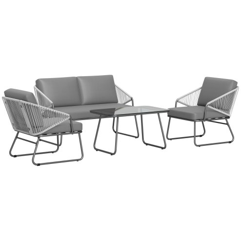 Outsunny 4 Piece Rattan Garden Furniture Set, Wicker Patio Outdoor Furniture Set with Loveseat, Armchairs, Glass Top Coffee Table and Cushions for Patio, Conservatory, Balcony, Grey