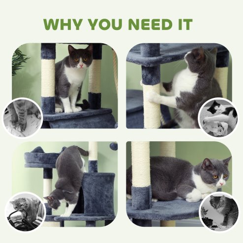 PawHut Cat Tree, 206cm Cat Tower with Sisal Scratching Posts and Board, Beds, Condos, Platforms, Hammocks, Toy Balls & Rope, Anti-Tip Kit, Kitten Activity Centre for Indoor, Dark Grey