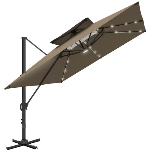Outsunny 3.5x3 m Garden Cantilever Parasol with Solar LED Lights and Centre Light, UPF50+ Aluminium Patio Umbrella with 360° Rotation and Tilt, Hanging Sun Shade with Cross Base, Crank Handle, Khaki