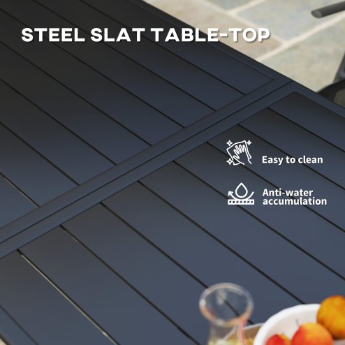Outsunny Garden Dining Table for 6 Person, Rectangle Outdoor Table with Easy Clean Slat Top, Rust Resistant Steel Frame, for Terrace, Balcony, 150 x 80 x 74 cm, Black
