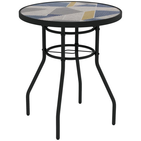 Outsunny ??60 cm Garden Round Coffee Table,  Outdoor Side Table with Tempered Glass Printed Table Top and Foot Pads for Porch, Balcony, Multicolour