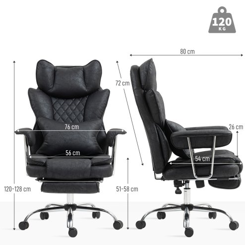 HOMCOM Executive Office Chair, Leathaire Reclining Computer Desk Chair with Lumbar Support Pillow, High Back, Footrest, Silent Swivel Wheels, Armrest, Height Adjustable for Home, Black