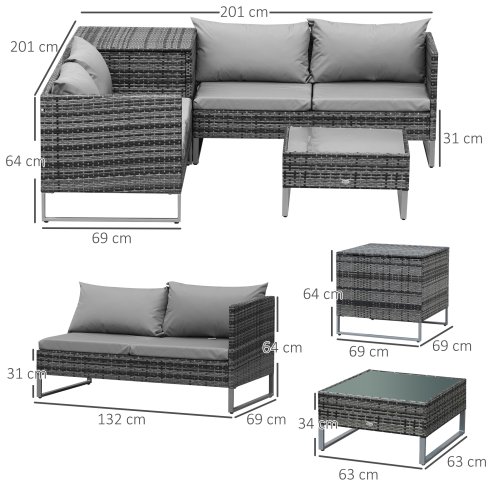 Outsunny 4 Seater Rattan Corner Sofa Set, Wicker Rattan Garden Furniture Set with Loveseats, Tables, Cushions for Outdoor, Patio, Grey