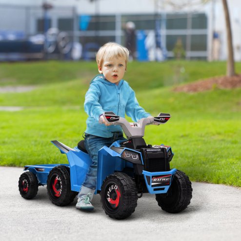 HOMCOM Electric Quad Bike, 6V Kids Ride On All-Terrain with Back Trailer for Ages 18-36 Months - Blue
