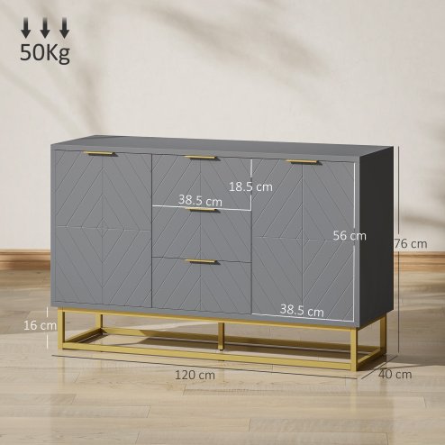 HOMCOM Sideboard for Living Room, Modern Storage Cabinet with 3 Drawers and Adjustable Shelves, Freestanding Cupboard for Dining Room, Kitchen, Grey