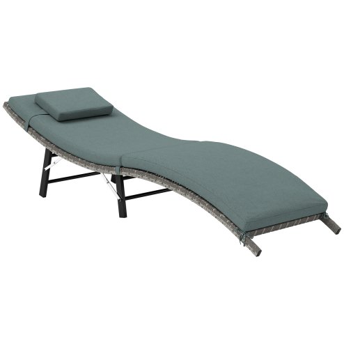 Outsunny Folding Rattan Sun Lounger, Wicker Garden Lounger with Cushion and Pillow, Outdoor Sunbed with Steel Frame for Patio, Beach, Terrace, Mixed Grey