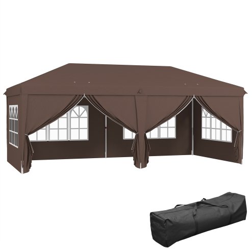 Outsunny 3 x 6 m Pop Up Gazebo with Sides and Windows, Height Adjustable Wedding Camping Party Tent Canopy Marquee with Storage Bag for Garden, Event, Brown Image