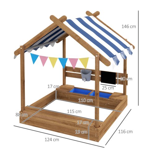 Outsunny Sand Pit Wooden Sandpit Kids Sandbox House for Outdoors, Gardens with Canopy, Liner, Blackboard, Sink, Seats, Flags, for Ages 3-7 Years - Brown