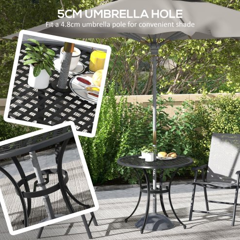 Outsunny 85cm Round Garden Dining Table, Cast Aluminium Coffee Table with Parasol Hole and Adjustable Foot Pad, Patio Table for Outdoor, Balcony, Poolside, Black