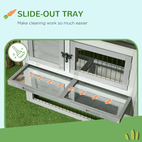 PawHut Rabbit Hutch Outdoor, Wooden Guinea Pig Hutch with Run, Openable Roof, Pull-Out Tray, Ramp for 1-2 Rabbits, 150 x 52.5 x 68 cm, Grey