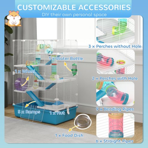 PawHut 6 Tier Hamster Cage, Gerbil Cage with Tubes, Exercise Wheel, Hut, Water Bottle, Food Dish, Ramps, Small Animal Cage for Dwarf Hamster, 58 x 36 x 81 cm, Light Blue