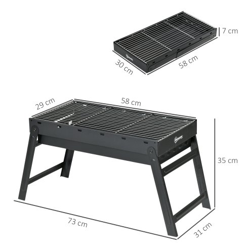 Outsunny Portable Charcoal Grill with Pull-Out Charcoal Basin, Folding Tabletop Barbecue, Compact Camping BBQ, Galvanised Metal, 73 x 31 x 38 cm, Black