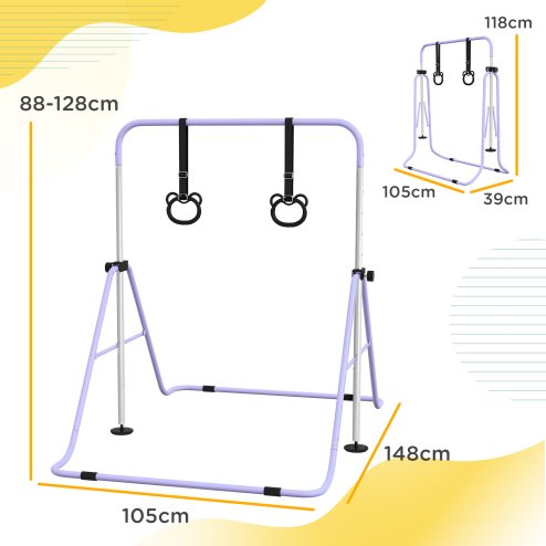 HOMCOM Kids Gymnastics Bar, Horizontal Bar for Kids, Adjustable Height Folding Gymnastics Equipment with Gymnastic Rings, Non-slip Rubber Floor Rings, for Home, Flat, Purple