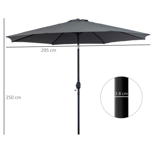 Outsunny 3(m) Garden Parasol Umbrellas, Outdoor Sun Shade with 8 Ribs, Tilt and Crank Handle for Balcony, Bench, Garden, Dark Grey