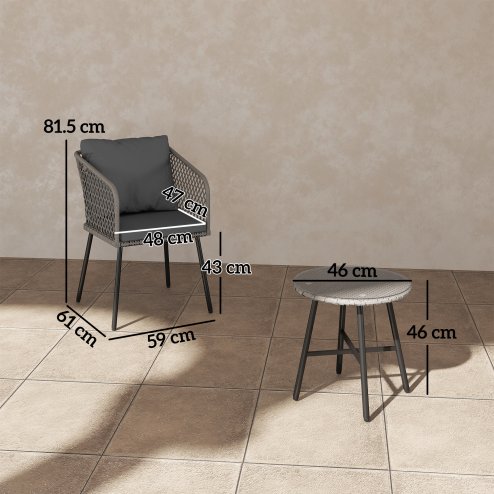 Outsunny 3 Piece Rattan Bistro Set, Patio Wicker Conversation Furniture Set with 2 Chairs, Tempered Glass Table, Cushions, Adjustable Foot Pads, for Garden, Balcony, Grey