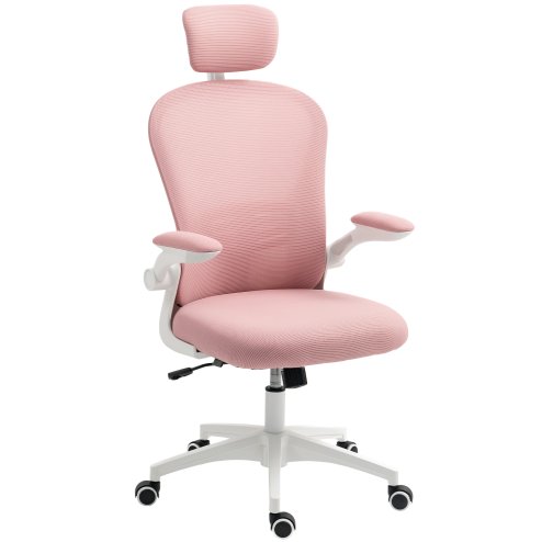 Vinsetto High Back Office Chair, Mesh Computer Desk Chair with Rotatable Headrest, 4D Lumbar Support, Flip-up Arm, Adjustable Height, Pink Image