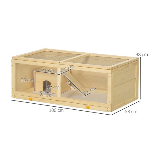 PawHut Wooden Hamster Cage, Small Animal Cage with Sliding Tray, Openable Top, Hut, Exercise Play House for Syrian Hamsters, Natural Wood Finish