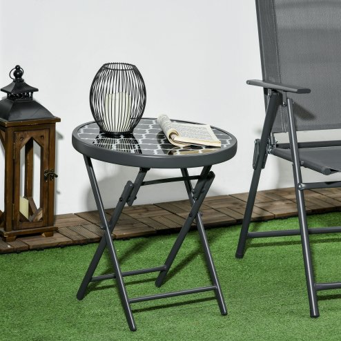 Outsunny ??45cm Garden Side Table, Outdoor Round Folding Patio Table with Imitation Marble Glass Top, Small Coffee Table, Black and White