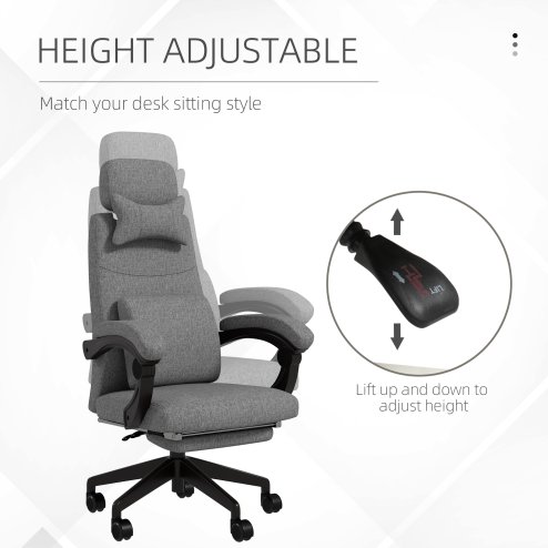Vinsetto Office Chair, Ergonomic Desk Chair, High Back Fabric Work Chair with 160° Reclining Backrest, Retractable Footrest, Neck and Lumbar Pillow for Home and Study, Dark Grey