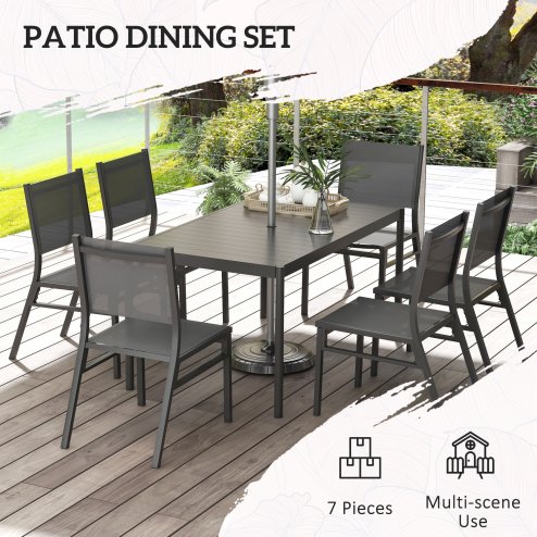 Outsunny 7 Piece Garden Dining Set, 6 Seater Garden Table and Chairs with Parasol Hole, Aluminium Top Table and Texteline Chairs, Outdoor Dining Furniture Set for Patio, Dark Grey