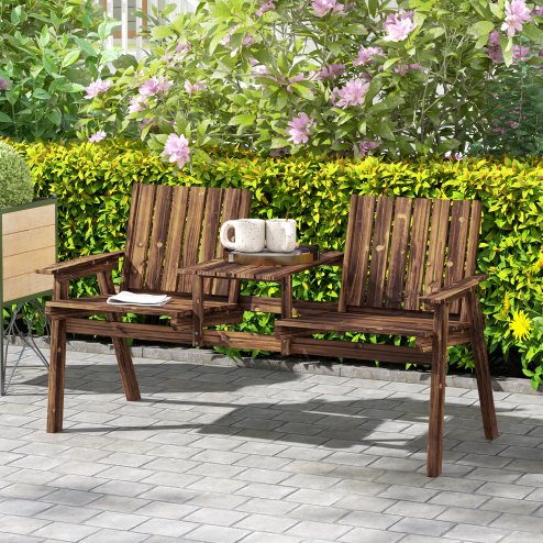 Outsunny 2-Seater Wooden Garden Bench, Antique Loveseat Chair with Table & Parasol Hole, Outdoor Bench for Porch, Patio, Carbonised Finish