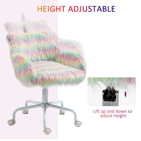 Vinsetto Fluffy Desk Chair with Arms, Faux Fur Home Office Chair, Unicorn Swivel Chair with Adjustable Height and Wheels, Colourful