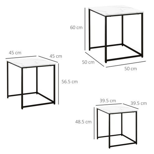 HOMCOM Nesting Tables Set of 3, Side End Table with Faux Marble Effect Top and Steel Legs for Living Room, Bedroom, White