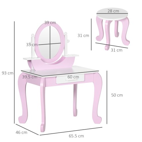 ZONEKIZ Kids Dressing Table, Kids Vanity Set, Girl Makeup Desk w/ Mirror, Stool, Drawer, for Ages 3-6 Years - Pink