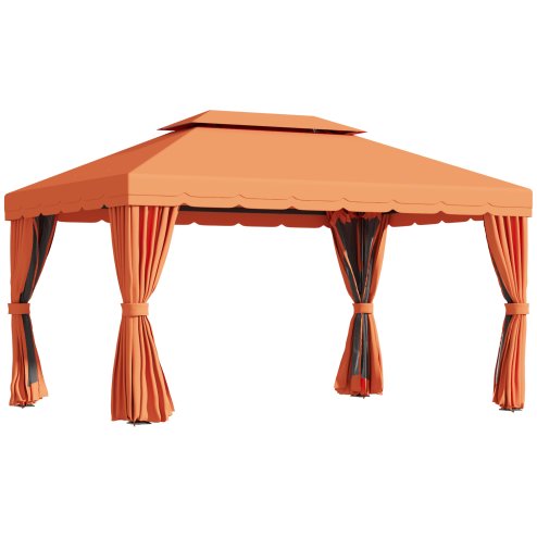 Outsunny 4 x 3 m Aluminum Garden Gazebo, Double Roof Outdoor Gazebo Canopy Shelter with Netting & Curtains for Garden, Lawn, Backyard and Deck, Orange
