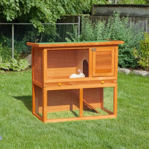 PawHut Rabbit Hutch Outdoor Guinea Pig Hutch Wooden Pet Cage Run 2-Tier with Opening Top, 90 x 45 x 80cm Image