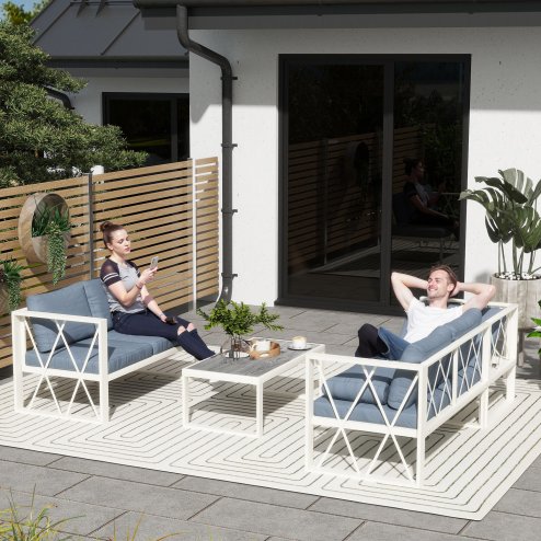 Outsunny 4 Piece L Shaped Garden Furniture Set with 5-Level Adjustable Lounger, 5 Seater Sectional Outdoor Sofa Set with 2 Loveseats, Corner Chair, DPC Coffee Table and Removable Thick Cushions, Grey