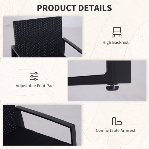 Outsunny 3 Pieces Rattan Bistro Set, Wicker Garden Furniture Set with Glass Top Coffee Table and Chairs, Washable Cushions, for Outdoor, Patio, Balcony, Black