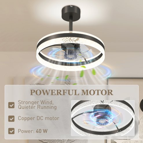 HOMCOM Ceiling Fan with Light and Remote, 50 cm LED Mount Ceiling Fan Light with 3 Colour, 6 Speed, Timer, Adjustable Brightness, Quiet Reversible DC Motor, for Bedroom, Living Room, Black