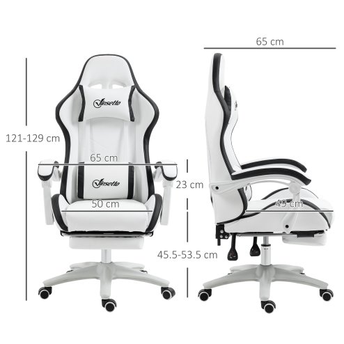 Vinsetto Computer Gaming Chair, PU Leather Office Desk Chair with Footrest, Swivel Wheels, 135?? Reclining Back, Lumbar Support, Headrest for Home, White and Black