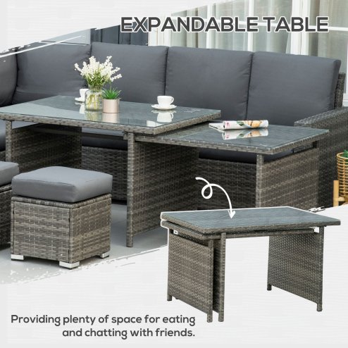 Outsunny 10 Seater Rattan Dining Set with Expandable Table and Nesting Chairs, Rattan Garden Furniture Set with Cushions, Outdoor Dining Table and Chairs, Sectional Corner Sofa Set, Grey
